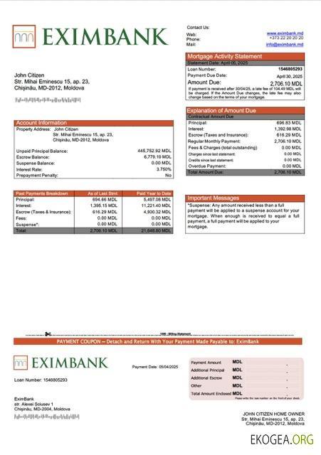 Modèle Word et PDF de relevé hypothécaire EximBank de Moldavie